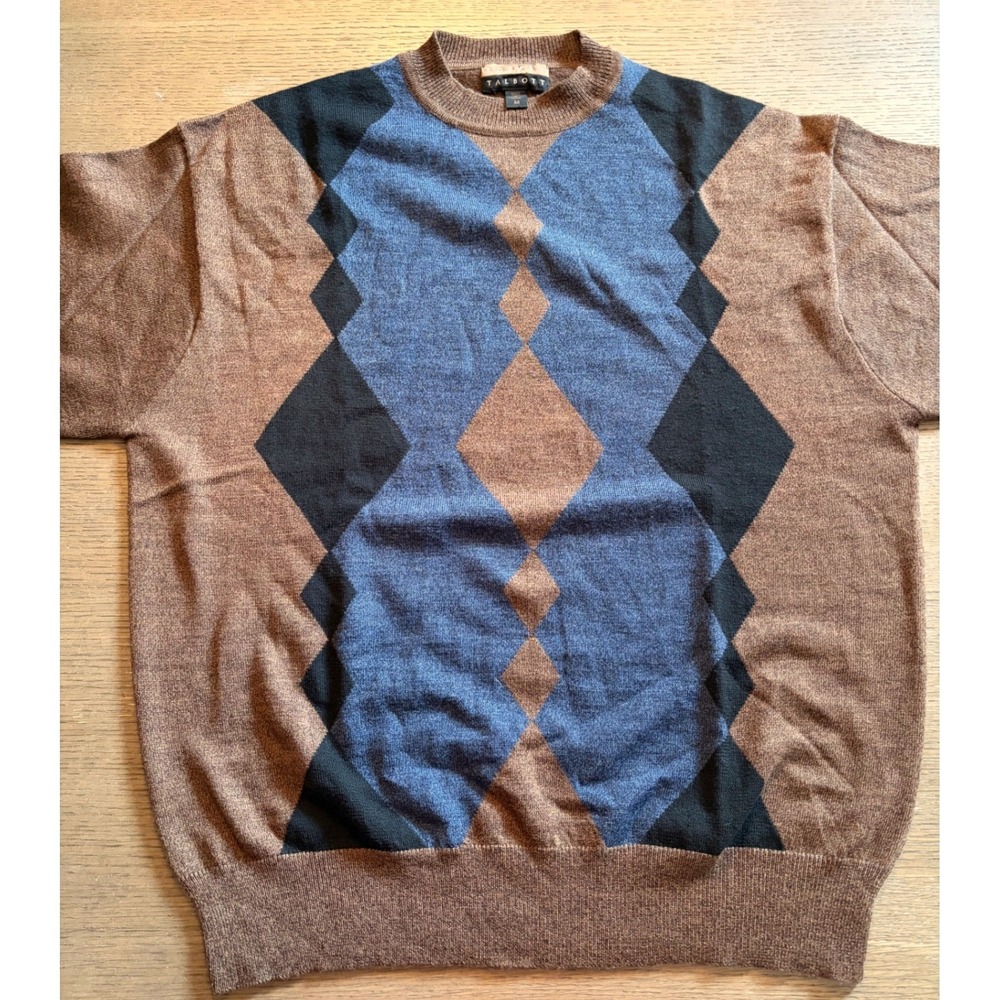 Robert Talbott Mens Argyle Crewneck Sweater Brown Blue Black Size M
